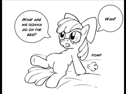 Size: 640x480 | Tagged: artist needed, safe, apple bloom, earth pony, pony, g4, bed, blushing, dialogue, female, filly, on bed, pomf, sketch, solo, what are we gonna do on the bed?