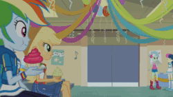 Size: 1920x1080 | Tagged: safe, screencap, apple bloom, applejack, bon bon, cranky doodle donkey, lyra heartstrings, rainbow dash, scootaloo, sweetie belle, sweetie drops, equestria girls, g4, happily ever after party, happily ever after party: applejack, my little pony equestria girls: better together, angry, animated, cupcake, cutie mark crusaders, flashlight (object), food, geode of super speed, geode of super strength, hey, magical geodes, sound, webm