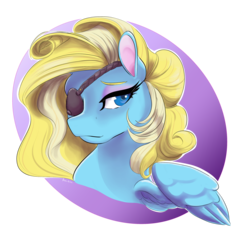 Size: 2880x2880 | Tagged: safe, artist:firimil, oc, oc only, oc:lunar skysong, pegasus, pony, fanfic:unity timeline, blonde, bust, commission, digital art, eyepatch, eyeshadow, female, high res, looking at you, makeup, mare, mascara, simple background, transparent background, yellow hair, yellow mane