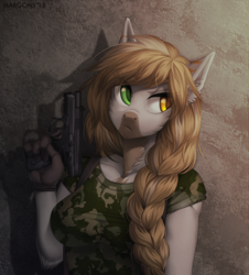 Size: 1086x1200 | Tagged: safe, artist:margony, oc, oc only, anthro, fallout equestria, braid, breasts, clothes, commission, digital art, ear fluff, female, gloves, gun, heterochromia, serious, serious face, sexy, signature, solo, weapon