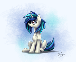 Size: 1532x1252 | Tagged: safe, artist:bakud, dj pon-3, vinyl scratch, pony, unicorn, g4, female, mare, signature, sitting, smiling, solo