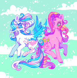 Size: 436x442 | Tagged: safe, artist:suippumato, skywishes, star catcher, earth pony, pegasus, pony, g3, color porn, duo, duo female, eyestrain warning, female, gender headcanon, lesbian, ship:skycatcher, shipping, t4t, trans female, transgender