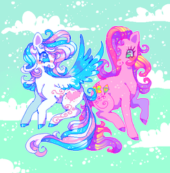 Size: 436x442 | Tagged: safe, artist:suippumato, skywishes, star catcher, earth pony, pegasus, pony, g3, color porn, duo, duo female, eyestrain warning, female, gender headcanon, lesbian, ship:skycatcher, shipping, t4t, trans female, trans skywishes, trans star catcher, transgender