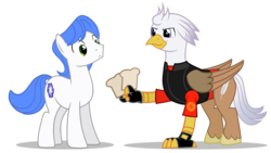 Size: 1191x670 | Tagged: safe, artist:lister-of-smeg, oc, oc:cosmo logic, oc:silver quill, classical hippogriff, earth pony, hippogriff, pony, bread, duo, food, heavy (tf2), male, simple background, stallion, team fortress 2, toast, transparent background