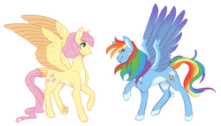 Size: 1280x728 | Tagged: safe, artist:seabreezy, fluttershy, rainbow dash, pegasus, pony, g4, alternate hairstyle, alternate universe, colored hooves, colored wings, female, headcanon, lesbian, mare, ship:flutterdash, shipping, short hair