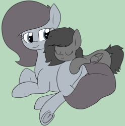 Size: 1280x1288 | Tagged: safe, artist:axlearts, oc, oc only, oc:charcoal, oc:delpone, earth pony, pegasus, pony, cute, female, pony pillow, prone, simple background, sleeping