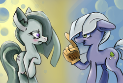Size: 1632x1104 | Tagged: source needed, safe, artist:cookiedesu, limestone pie, marble pie, earth pony, pony, g4, duo, duo female, female, foam finger, mare, pie sisters, siblings, sisters