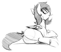 Size: 373x316 | Tagged: safe, artist:graboiidz, oc, oc only, oc:charcoal, pegasus, pony, :p, black and white, butt, explicit source, female, grayscale, monochrome, plot, prone, rear view, silly, simple background, sketch, solo, tongue out, underhoof, white background, wings