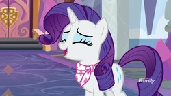Size: 1920x1080 | Tagged: safe, screencap, rarity, pony, unicorn, g4, the end in friend, eyes closed, female, mare, neckerchief, open mouth, smiling, solo