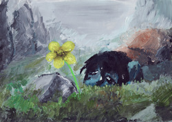 Size: 2327x1649 | Tagged: safe, artist:mandumustbasukanemen, pony, atg 2018, backpack, depressed, flower, grass, newbie artist training grounds, painting, sad, scenery, solo, traditional art