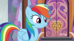 Size: 1920x1080 | Tagged: safe, screencap, rainbow dash, pegasus, pony, g4, the end in friend, door, female, mare, smiling, solo