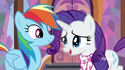 Size: 1920x1080 | Tagged: safe, screencap, rainbow dash, rarity, pegasus, pony, unicorn, g4, the end in friend, duo, female, mare, neckerchief, open mouth, smiling