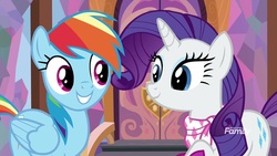 Size: 1920x1080 | Tagged: safe, screencap, rainbow dash, rarity, pegasus, pony, unicorn, g4, the end in friend, duo, female, mare, neckerchief, smiling