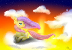 Size: 1280x884 | Tagged: safe, artist:maikathewolf, fluttershy, pegasus, pony, g4, blushing, cloud, female, mare, signature, sky, smiling, solo