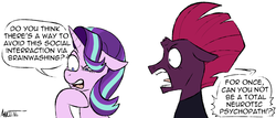 Size: 1490x635 | Tagged: safe, artist:geistverrse, fizzlepop berrytwist, starlight glimmer, tempest shadow, pony, unicorn, g4, my little pony: the movie, bad idea, broken horn, dialogue, horn, hypocritical humor, implied mind control, thinking