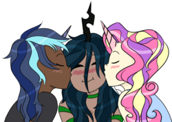 Size: 708x505 | Tagged: safe, artist:phantcmfive, princess cadance, queen chrysalis, shining armor, human, g4, bisexual, bisexual female, cheek kiss, dark skin, female, humanized, kiss sandwich, kissing, lesbian, lesbian in front of boys, light skin, male, moderate dark skin, polyamory, ship:cadalis, ship:chrysarmordance, ship:shining chrysalis, ship:shiningcadance, shipping, simple background, straight, white background