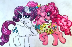 Size: 1280x847 | Tagged: safe, artist:brite-crawlers, pinkie pie, rarity, earth pony, pony, unicorn, g4, bow, bowtie, clothes, deliriumverse, female, heart, jewelry, lesbian, mare, necklace, one eye closed, pearl necklace, raised hoof, ship:raripie, shipping, shirt, smiling, tongue out, traditional art