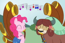 Size: 1200x800 | Tagged: safe, artist:mightyshockwave, pinkie pie, yona, earth pony, pony, yak, g4, yakity-sax, bow, cute, diapinkes, duo, eyes closed, female, grass, mare, music, music notes, sky, yonadorable, yovidaphone