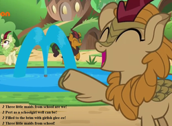 Size: 931x686 | Tagged: safe, edit, edited screencap, editor:korora, screencap, fern flare, pumpkin smoke, spring glow, kirin, g4, sounds of silence, background kirin, cropped, fountain, gilbert and sullivan, lyrics, raised hoof, singing, song reference, text, the mikado, water