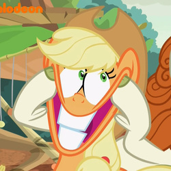 Size: 903x903 | Tagged: safe, screencap, applejack, autumn blaze, earth pony, kirin, pony, g4, sounds of silence, cloven hooves, cowboy hat, creepy, faic, female, forced smile, funny face, hat, hooves, impossibly large smile, mare, nickelodeon, smiling, weird