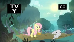 Size: 1920x1080 | Tagged: safe, screencap, angel bunny, fluttershy, pegasus, pony, rabbit, g4, yakity-sax, basket, female, forest, mare, mouth hold, sun, tv rating, tv-y