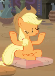 Size: 357x489 | Tagged: safe, screencap, applejack, earth pony, pony, a rockhoof and a hard place, g4, anatomically incorrect, cropped, crossed hooves, crossed legs, eyes closed, female, incorrect leg anatomy, lotus position, mare, meditating, pillow, sitting, solo