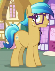 Size: 283x367 | Tagged: safe, screencap, atomic crystal, beta particle, neighls bohr, crystal pony, earth pony, pony, fame and misfortune, g4, background pony, cropped, glasses, gradient hair, male, stallion