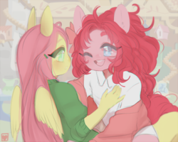 Size: 550x440 | Tagged: safe, artist:shickietan, fluttershy, pinkie pie, earth pony, pegasus, anthro, g4, clothes, female, lesbian, mare, ship:flutterpie, shipping