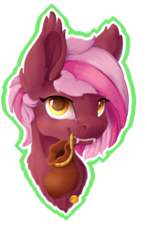 Size: 1095x1700 | Tagged: safe, artist:miraisora, oc, oc only, oc:zeny, pegasus, pony, bust, coin, coin purse, ear fluff, fangs, female, looking at you, mare, mouth hold, pouch, simple background, transparent background