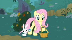 Size: 1920x1080 | Tagged: safe, screencap, angel bunny, fluttershy, pegasus, pony, rabbit, g4, yakity-sax, basket, duo, female, flower, male, mare