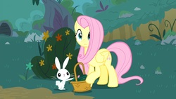 Size: 1920x1080 | Tagged: safe, screencap, angel bunny, fluttershy, pegasus, pony, rabbit, g4, yakity-sax, basket, duo, female, flower, male, mare