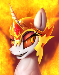 Size: 1574x2000 | Tagged: safe, artist:quefortia, daybreaker, alicorn, pony, a royal problem, g4, armor, bust, female, fire, mane of fire, portrait, solo