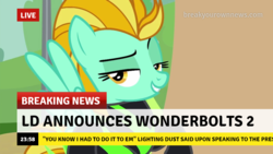 Size: 1280x720 | Tagged: safe, edit, edited screencap, screencap, lightning dust, pegasus, pony, g4, the washouts (episode), break your own news, clothes, female, misspelling, solo, uniform, washouts uniform, you know i had to do it to em