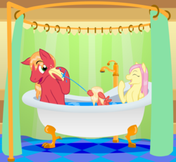 Size: 2982x2760 | Tagged: safe, artist:zoness, derpibooru exclusive, big macintosh, fluttershy, oc, oc:cellini, pegasus, pony, g4, bath, bathtub, claw foot bathtub, family, female, filly, floppy ears, high res, laughing, male, offspring, parent:big macintosh, parent:fluttershy, parents:fluttermac, puffy cheeks, ship:fluttermac, shipping, shower curtain, spitting, straight, wet mane