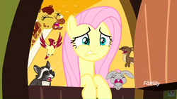 Size: 1920x1080 | Tagged: safe, screencap, clementine, fluttershy, cardinal, giraffe, otter, rabbit, raccoon, g4, yakity-sax, crying, door, doorway, fluttershy's cottage