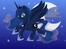 Size: 1024x768 | Tagged: safe, artist:sparkleshadow, princess luna, alicorn, pony, g4, cloud, crescent moon, crown, female, flying, hoof shoes, jewelry, mare, moon, regalia, solo, transparent moon