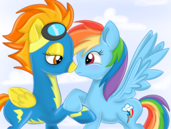 Size: 1024x768 | Tagged: safe, artist:sparkleshadow, rainbow dash, spitfire, pegasus, pony, g4, clothes, female, goggles, lesbian, ship:spitdash, shipping, uniform, wonderbolts uniform