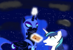Size: 647x441 | Tagged: safe, artist:kahnac, nightmare moon, shining armor, alicorn, pony, unicorn, g4, 1000 years in photoshop, cloud, duo, edmond dantes, female, letter, magic, mail, male, mare, night, open mouth, stallion, the count of monte cristo, what could possibly go wrong