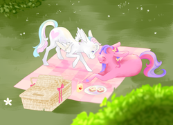 Size: 4500x3263 | Tagged: safe, artist:kirakiracalico, skywishes, star catcher, earth pony, pegasus, pony, g3, female, juice, juice box, laughing, lesbian, looking at each other, picnic, ship:skycatcher, shipping, wings