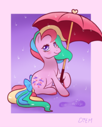 Size: 803x997 | Tagged: safe, artist:donkeyinthemiddle, parasol (g1), earth pony, pony, g1, abstract background, bow, female, looking at you, mare, puddle, rain, sitting, solo, tail bow, umbrella