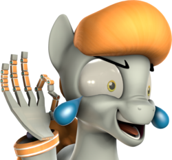 Size: 2194x2046 | Tagged: safe, artist:fiopon, oc, oc only, oc:purity alloy, pony, 3d, cursed image, emoji, high res, meme, not salmon, robot hand, simple background, solo, source filmmaker, transparent background, wat, 👌, 😂
