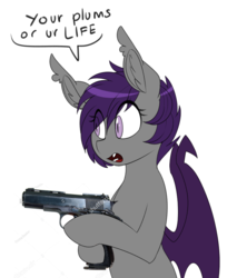 Size: 755x885 | Tagged: safe, artist:replica, oc, oc only, oc:nolegs, bat pony, pony, bipedal, dialogue, ear fluff, ear tufts, female, gun, handgun, hoof hold, mare, open mouth, pistol, robbery, shutterstock, simple background, spread wings, that pony sure does love plums, weapon, white background, wide eyes, wings