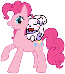 Size: 467x527 | Tagged: safe, artist:noobynewt, pinkie pie, earth pony, pony, g4, baby, crossover, eyes closed, female, mare, neopets, open mouth, riding, simple background, smiling, transparent background, usul