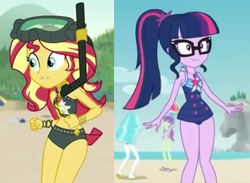 Size: 4488x3280 | Tagged: safe, paisley, sci-twi, starlight, sunset shimmer, twilight sparkle, equestria girls, g4, my little pony equestria girls: better together, unsolved selfie mysteries, background human, beach shorts swimsuit, dive mask, geode of empathy, geode of telekinesis, legs, ponytail, sunset shimmer's beach shorts swimsuit