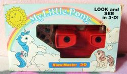 Size: 726x428 | Tagged: safe, majesty, g1, 3d, bow, box, female, irl, merchandise, photo, rearing, stereoscope, tail bow, toy, view-master