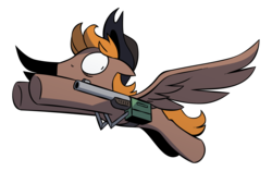 Size: 1553x978 | Tagged: safe, artist:php104, oc, oc only, oc:calamity, pegasus, pony, fallout equestria, battle saddle, clothes, dashite, fanfic, fanfic art, flying, gun, hat, hooves, i can't believe it's not idw, looking back, male, rifle, simple background, solo, stallion, transparent background, underhoof, weapon, wings