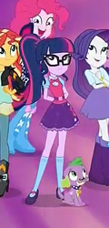 Size: 181x377 | Tagged: safe, screencap, pinkie pie, rarity, sci-twi, spike, spike the regular dog, sunset shimmer, twilight sparkle, dog, equestria girls, equestria girls specials, g4, boots, clothes, cropped, glasses, jacket, mary janes, pants, ponytail, shoes, skirt, smiling
