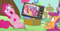 Size: 1101x579 | Tagged: safe, edit, edited screencap, screencap, pinkie pie, scootaloo, earth pony, pegasus, pony, g3, g4, the one where pinkie pie knows, scared, screaming, television