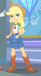 Size: 320x597 | Tagged: safe, applejack, equestria girls, g4, my little pony equestria girls: better together, super squad goals, belt, boots, clothes, cowboy boots, cowboy hat, cropped, denim skirt, female, freckles, geode of super strength, hat, implied rarity, shoes, skirt, stetson