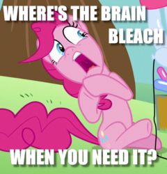 Size: 555x579 | Tagged: safe, edit, edited screencap, screencap, pinkie pie, earth pony, pony, g4, the one where pinkie pie knows, brain bleach, cropped, do not want, female, image macro, meme, question, reaction image, scarred for life, shocked, solo